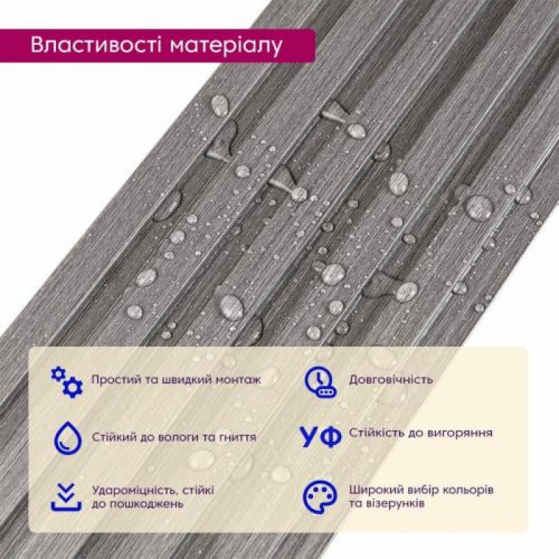 Декоративна рейка WPC стінова сіра 3000*150*9мм (D) SW-00001870 Sticker Wall