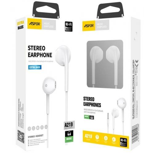 Навушники з мікрофоном Aspor A219 Stereo Earphone (3.5мм)- білий