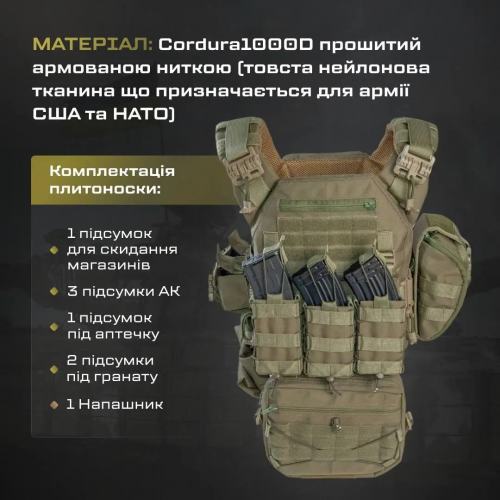 Комплект плитоноски з підсумками та напашником без плит No Brand 30 х 25 см Оливковий (2019385805) Комплект плитоноски з підсумками та напашником без плит No Brand 30 х 25 см Оливковий (2019385805)