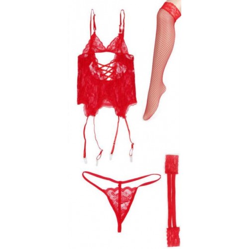 Комплект сексуальної жіночої білизни червоний корсет наручники стрінги S We Love в інтернет супермаркеті PbayMarket!