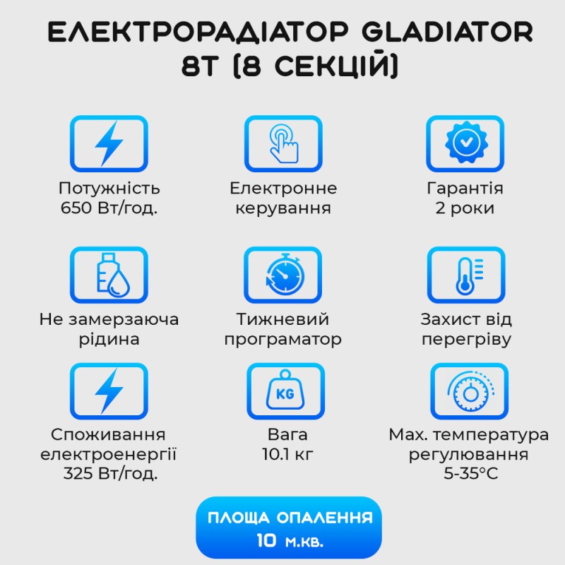 Електрорадіатор Gladiator 8T (8 секцій) стандарт 500/80 программатор 0 65кВт