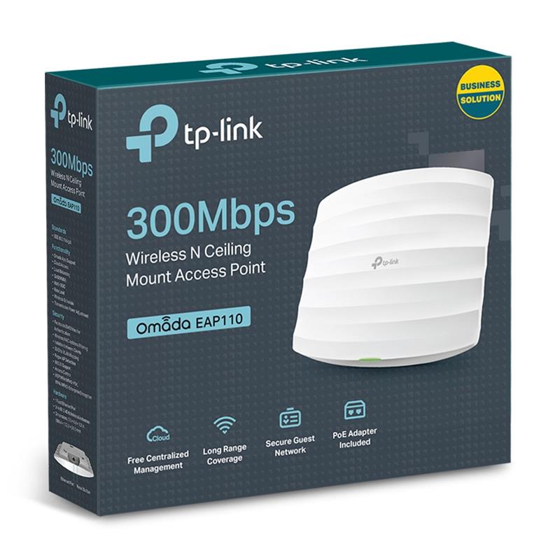 Точка доступу TP-Link EAP110 (1х100Мбіт, 300Mbps, 100мВт, 2,4Ghz, 20дБм, стельова, passive PoE, EAP Controller, 2х4дБі)