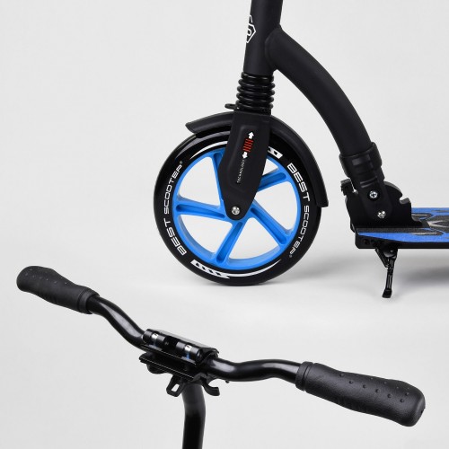 Самокат двоколісний Best Scooter з PU колесами, амортизатором, широким кермом, затискачем для керма Black/Blue (74314) Самокат двоколісний Best Scooter з PU колесами, амортизатором, широким кермом, затискачем для керма Black/Blue (74314)