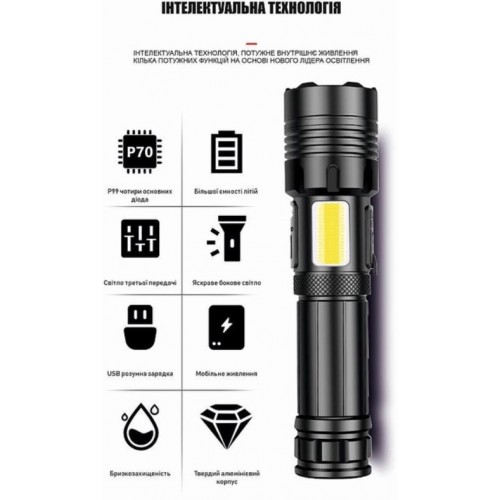 Ліхтар ручний Quantum QM-FL1035 Perfect 5W LED zoom + 3W COB з Type-C з функ Power Bank, Li-ion 18650/2600 mAh