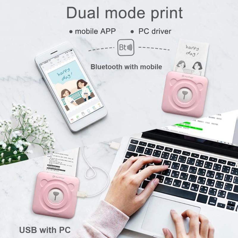 Портативний bluetooth термопринтер для смартфона PeriPage A6, рожевий