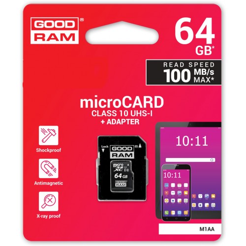 Карта пам'яті GoodRam microSDXC 64GB Class 10 UHS I (M1AA-0640R12) + SD адаптер (6475884)