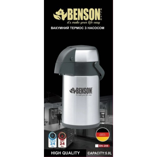 Термос помповий для гарячих чи холодних напоїв нержавіюча сталь Benson BN 288 5 л Сріблястий Термос помповий для гарячих чи холодних напоїв нержавіюча сталь Benson BN 288 5 л Сріблястий