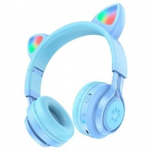 Навушники бездротові з вушками дитячі HOCO W39 Cat ear kids з підсвічуванням RGB блакитні