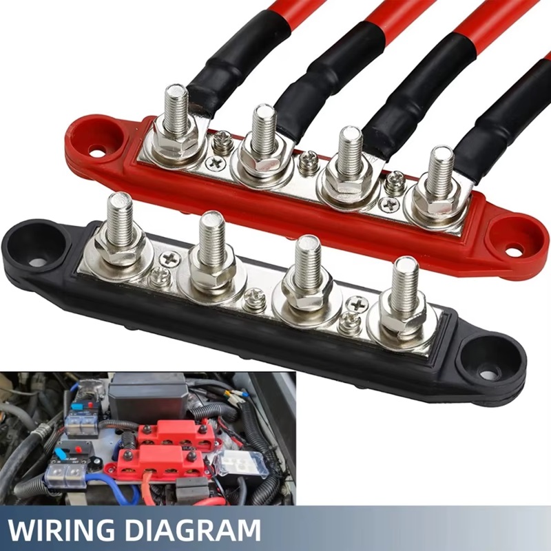 Розподільний блок з шиною Bus Bar з 4-ма шпильками М8 для з'єднання кабелів 12-48V DC, до 250A (чорний)