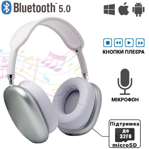 Повнорозмірні бездротові навушники-гарнітура Bluetooth з акумулятором Macaron MP90 з MP3 плеєром/AUX/microSD Срібло
