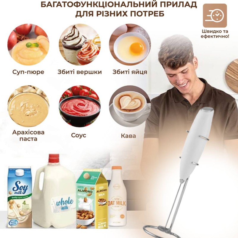 Спінювач молока (капучинатор) No Brand 2 в 1 на батарейках Білий