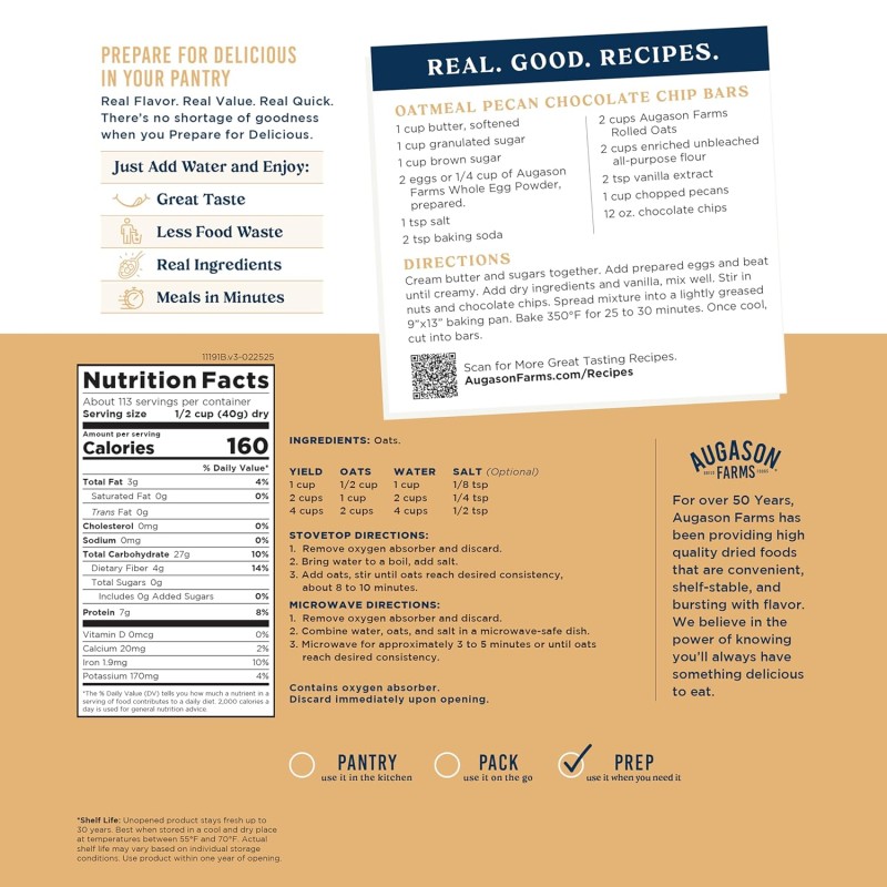 Вівсяні пластівці сублімовані з великим терміном придатності до 30 років Augason farms, 113 порцій