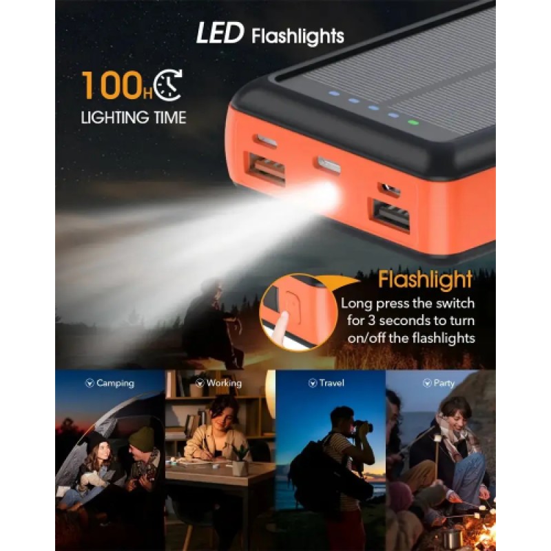 Зарядний пристрій на сонячних батареях No Brand Powerbank 20000 mAh із ліхтариком (2431313731)