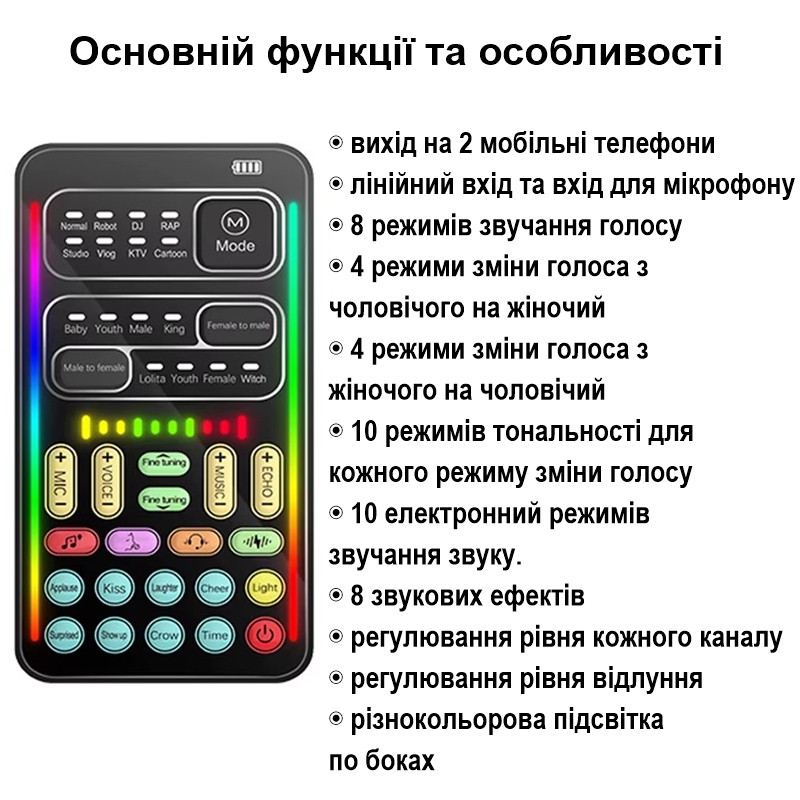 Змінювач голосу з 16-ма режимами зміни голосу та 8 звуковими ефектами Voice Changer I9