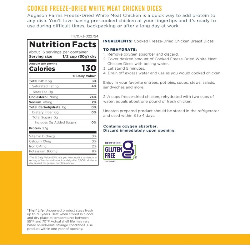 Сублімоване м'ясо курки шматочками з великим терміном придатності 30 років Augason Farms, 15 порцій