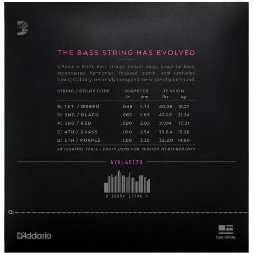 Струни для бас-гітари D'Addario NYXL45130 Nickel Wound Regular Light Electric Bass 5 Strings 45/130 Струни для бас-гітари D'Addario NYXL45130 Nickel Wound Regular Light Electric Bass 5 Strings 45/130