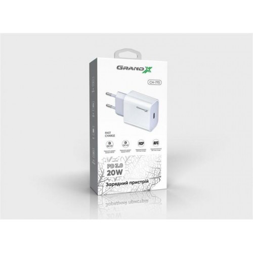 Зарядний пристрій Grand-X (1xUSB-C 20W) QC4.0, PD 3.0, FCP, AFC White (CH-770) Зарядний пристрій Grand-X (1xUSB-C 20W) QC4.0, PD 3.0, FCP, AFC White (CH-770)