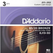 Струни для акустичної гітари D'Addario EJ13-3D 80/20 Bronze Custom Light Acoustic Guitar Strings 11/52
