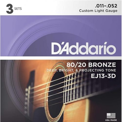 Струни для акустичної гітари D'Addario EJ13-3D 80/20 Bronze Custom Light Acoustic Guitar Strings 11/52 Струни для акустичної гітари D'Addario EJ13-3D 80/20 Bronze Custom Light Acoustic Guitar Strings 11/52