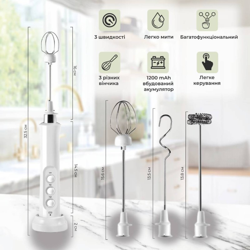 Спінювач молока (капучинатор) No Brand на акумуляторі з 3 насадками Білий