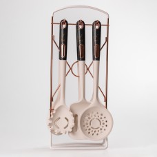 Набір кухонного приладдя на підставці TS Kitchen 6 штук кухонні аксесуари Білий із чорною ручкою (YRUR4)