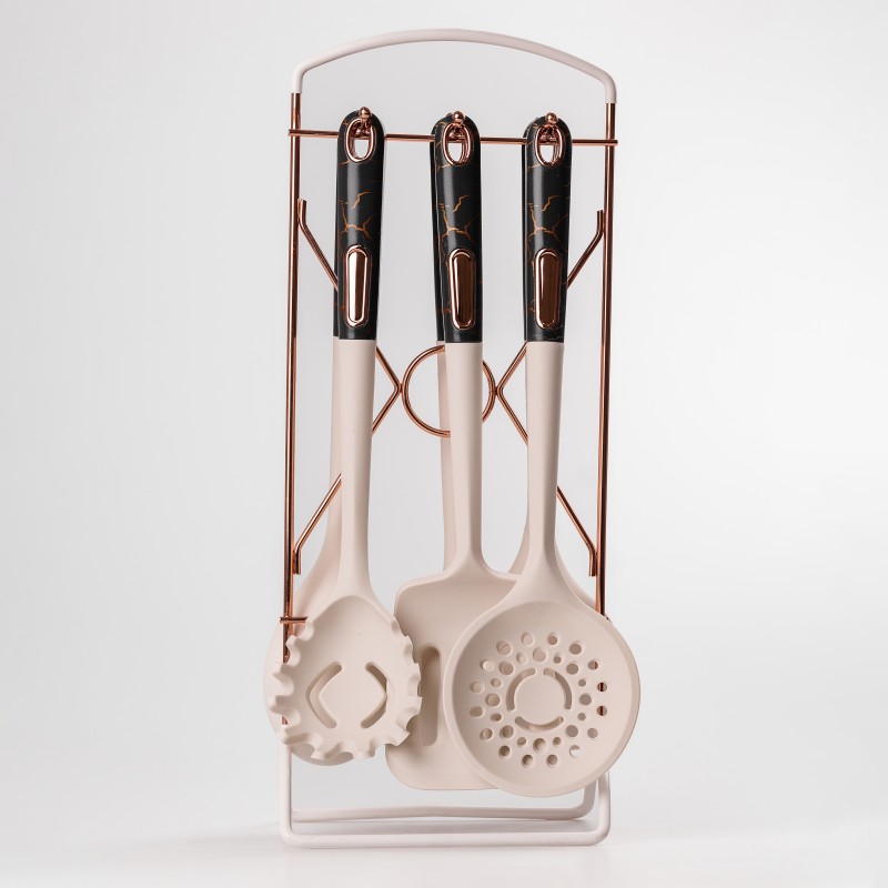 Набір кухонного приладдя на підставці TS Kitchen 6 штук кухонні аксесуари Білий із чорною ручкою (YRUR4)