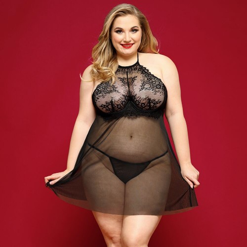 Сорочка бебі-дол JSY «Пристрасна Ліліт» Plus Size, Black, халтер, дрібна сітка, мереживо, стрінги в інтернет супермаркеті PbayMarket!