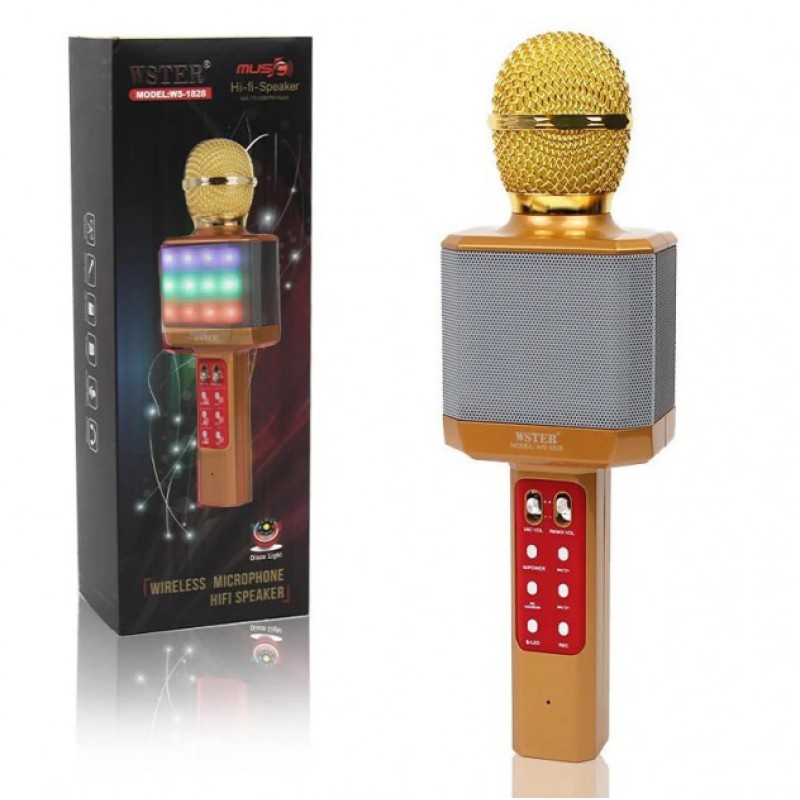 Мікрофон-караоке бездротовий WSTER WS-1828 White з функцією зміною голосу Золотий