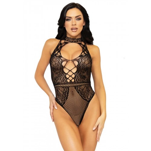 Leg Avenue Net and lace halter bodysuit OS Black в інтернет супермаркеті PbayMarket!