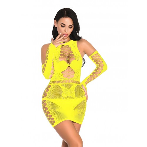 Сексуальна сукня сітка бодістокінг жовтого кольору з рукавичками We Love в інтернет супермаркеті PbayMarket!