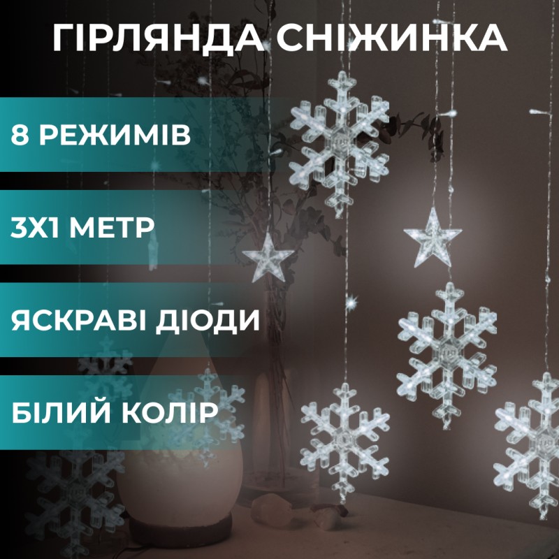 Гірлянда-штора Lugi Зірки та сніжинки розмір 3*1м 12 фігур білий (1733064W)