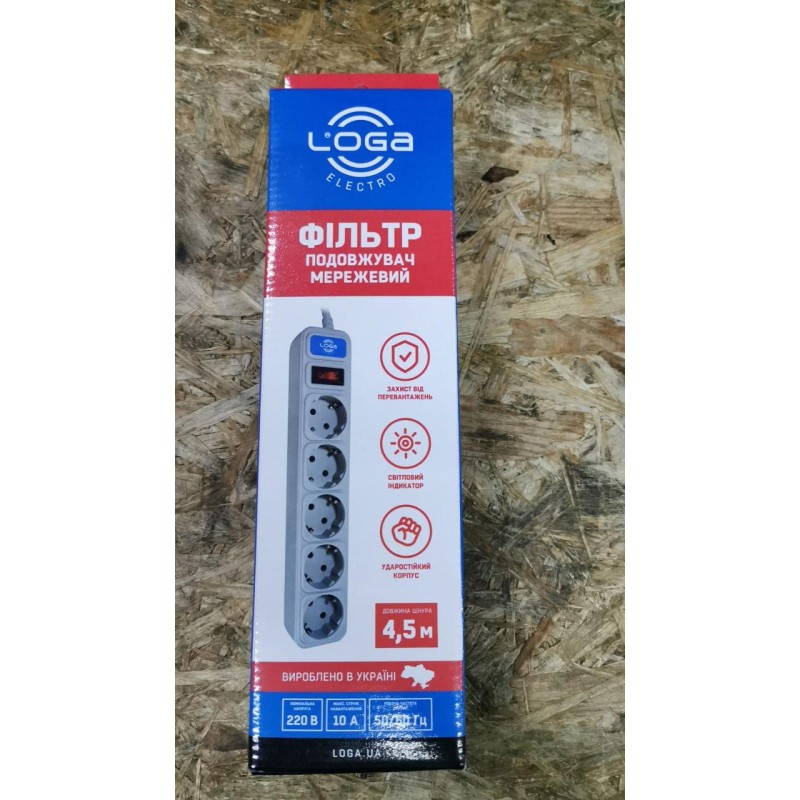 Мережевий фільтр LOGA 4.5м подовжувач із захистом на 5шт гнізд 3701