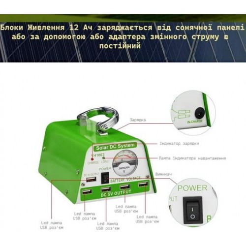 Автономна портативна сонячна система Yinghao 30 W з Блоком Живлення 12 Ач та 4 лампами (YH3001) Автономна портативна сонячна система Yinghao 30 W з Блоком Живлення 12 Ач та 4 лампами (YH3001)