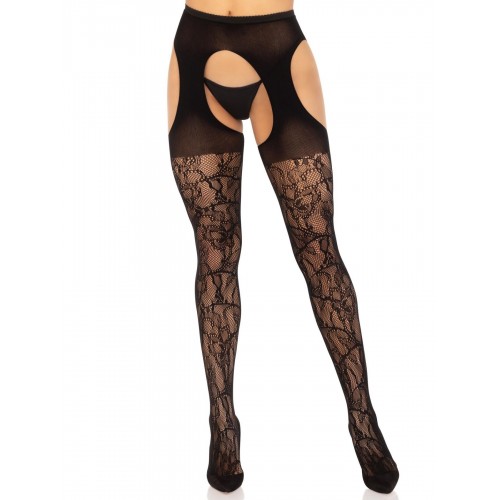 Панчохи Leg Avenue Eyelet lace suspender hose Black One Size