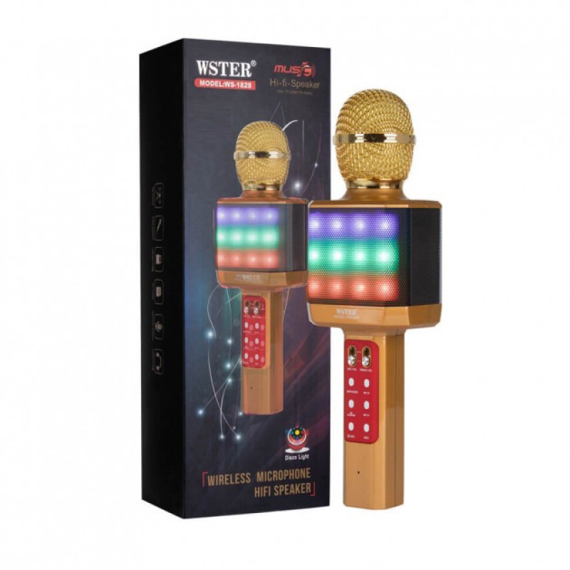 Мікрофон-караоке бездротовий WSTER WS-1828 White з функцією зміною голосу Золотий
