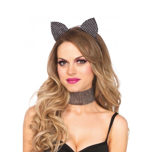 Набір кішечки зі стразами Leg Avenue Cat ear headband & choker set, широкий чокер та вушка в інтернет супермаркеті PbayMarket!