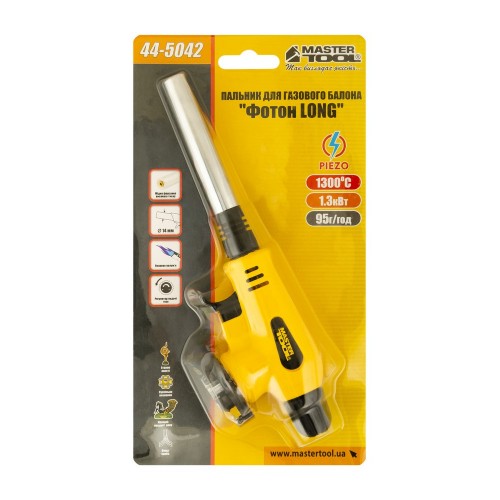 Пальник для газового балона MASTERTOOL GM Фотон LONG п'єзопідпал Ø14 мм/1300°С подовжене сопло (44-5042) Пальник для газового балона MASTERTOOL GM Фотон LONG п'єзопідпал Ø14 мм/1300°С подовжене сопло (44-5042)