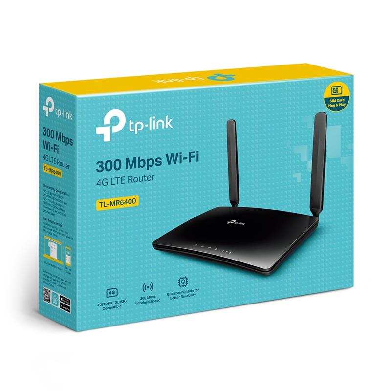 Бездротовий маршрутизатор TP-LINK TL-MR6400 N300, 1xFE LAN/WAN, 3xFE LAN, 1xSimCardSlot, 2 зовнішні антени LTE, 2 внутр. антени (TL-MR6400)