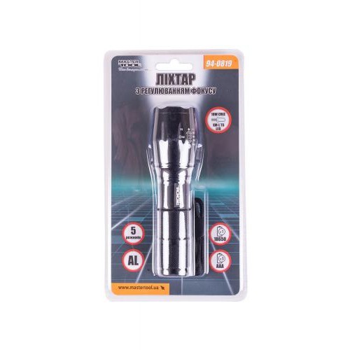 Ліхтарик з регулюванням фокусу MASTERTOOL 5 режимів 130х38х28 мм CREE XM-L T6 LED 3xAAA/1x18650 AL 94-0819 Ліхтарик з регулюванням фокусу MASTERTOOL 5 режимів 130х38х28 мм CREE XM-L T6 LED 3xAAA/1x18650 AL 94-0819