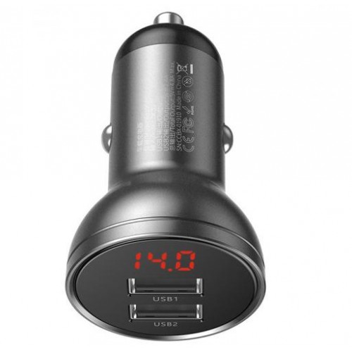 Адаптер автомобільний BASEUS Digital Display Dual USB 2USB, 4.8A, 24W, сріблястий