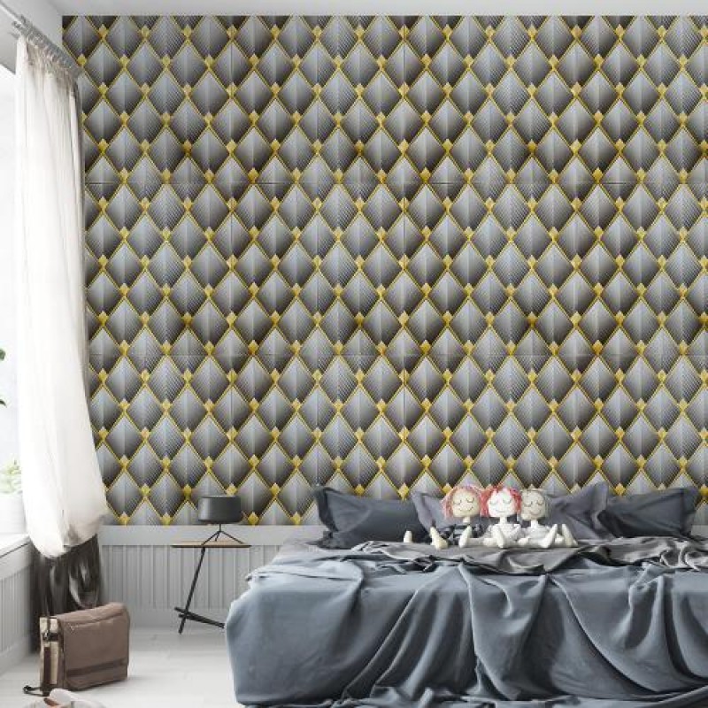 Самоклеюча декоративна настінно-стельова 3D панель Sticker Wall Ромб 700х700х4 мм Сіро-золотий (SW-00001986)