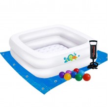 Дитячий надувний басейн Bestway 51116-2, білий, 86 х 86 х 25 см, з кульками 10 шт, підстилкою, насосом (hub_qdr17h)