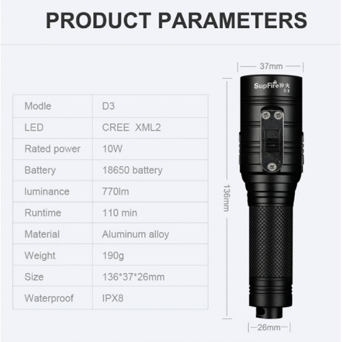 Ліхтар ручний для дайвінгу D3 SuperFire 620 Lumen IPX8