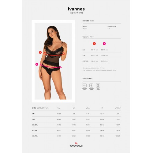 Напівпрозорий набір з прикрасами Obsessive Ivannes top & thong S/M, чорний, топ та танга в інтернет супермаркеті PbayMarket!