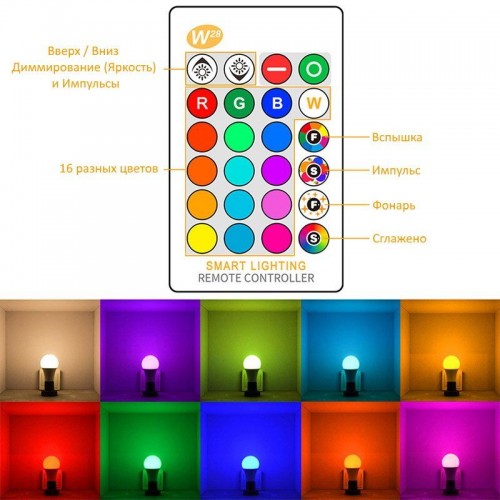 Світлодіодна RGB LED лампа BauTech Е27 6 Вт (електричних), 16 кольорів + білий, пульт дистанційного керування (03046)