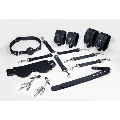 Набір Feral Feelings BDSM Kit 7 Black, наручники, поножі, конектор, маска, падл, кляп, затискачі в інтернет супермаркеті PbayMarket!