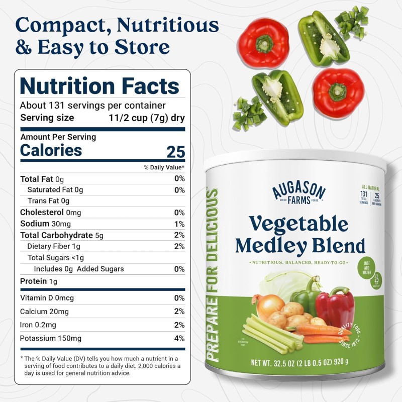 Сублімована суміш тушкованих овочів Augason farms, 131 порція, 25 років термін зберігання