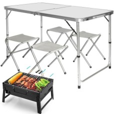 Набір туристичний розкладний стіл з парасолькою Easy Campi 1.8 м для пікніка зі стільцями складаний стіл та 4 стільці Білий+Мангал