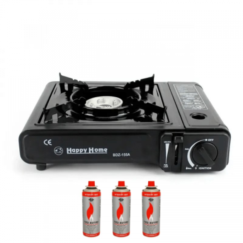Туристичний газовий пальник плита з п'єзопідпалом Happy home BDZ-155A + 3 балони (1756375589)