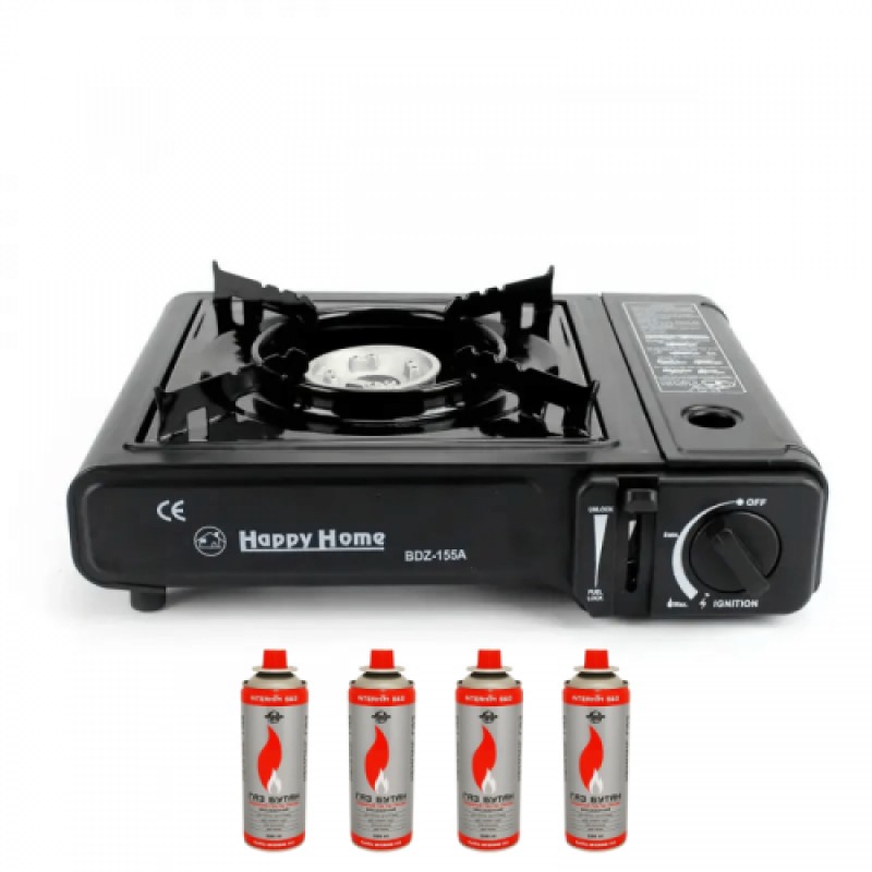 Туристичний газовий пальник плита з п'єзопідпалом Happy home BDZ-155A + 4 балони (1756375590)